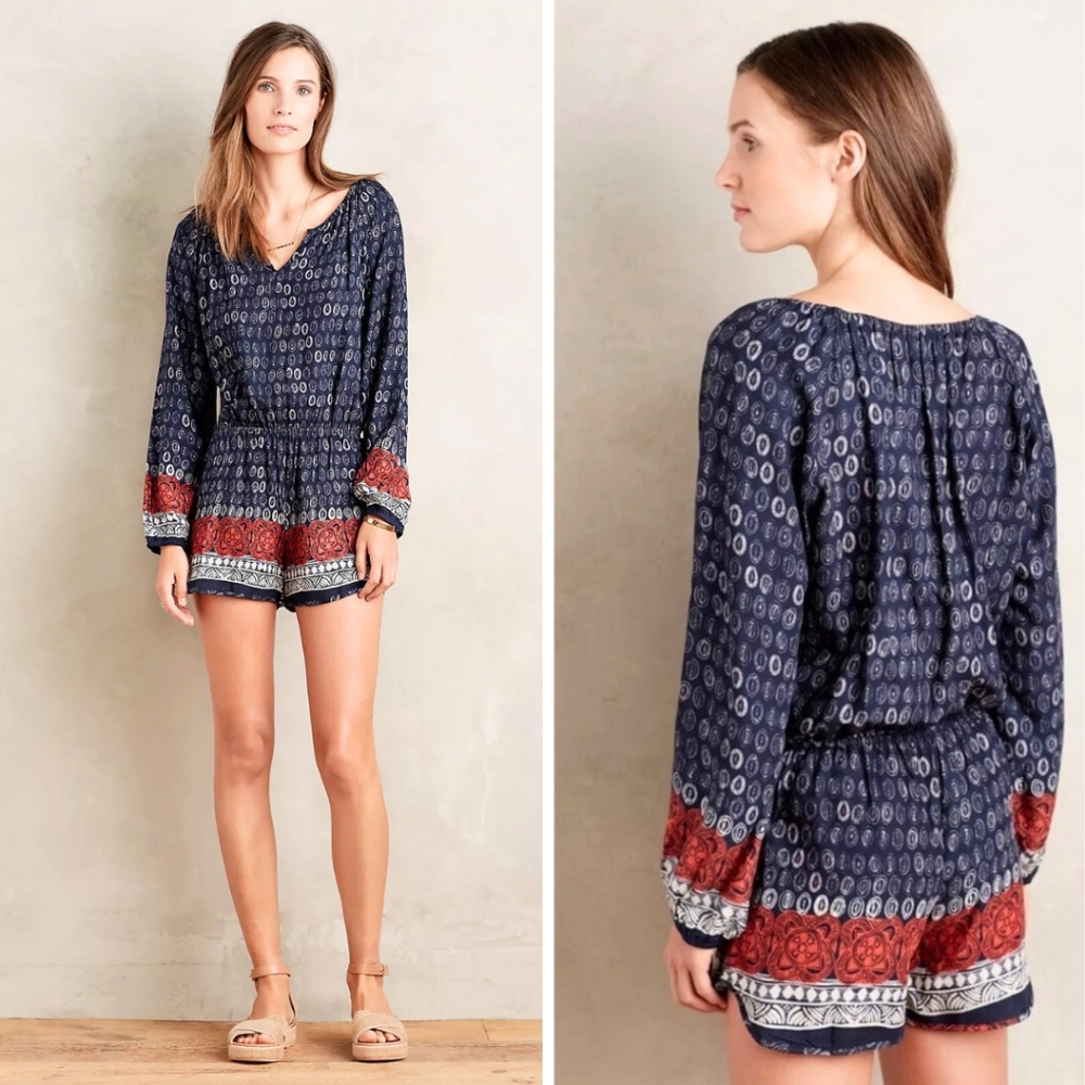 NEW Fraiche By J Nandini Long Sleeve Boho Blue Romper Summer Travel Size M